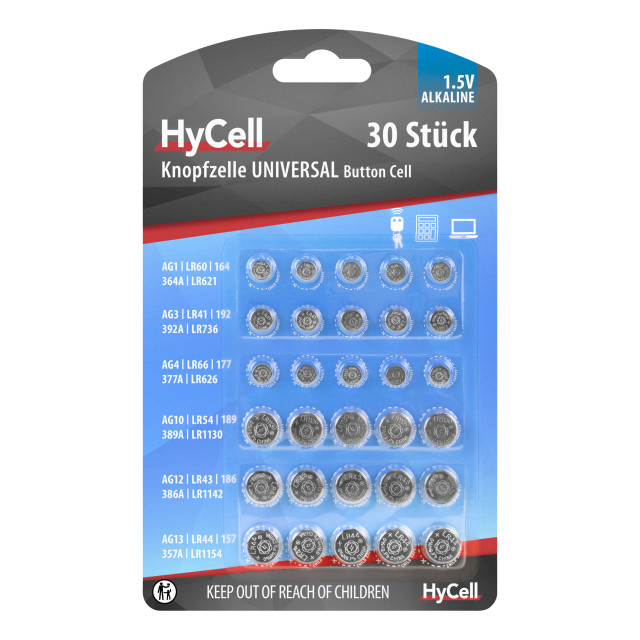 Pack Universel de 30 Piles Boutons Alcalines HyCell ANSMANN