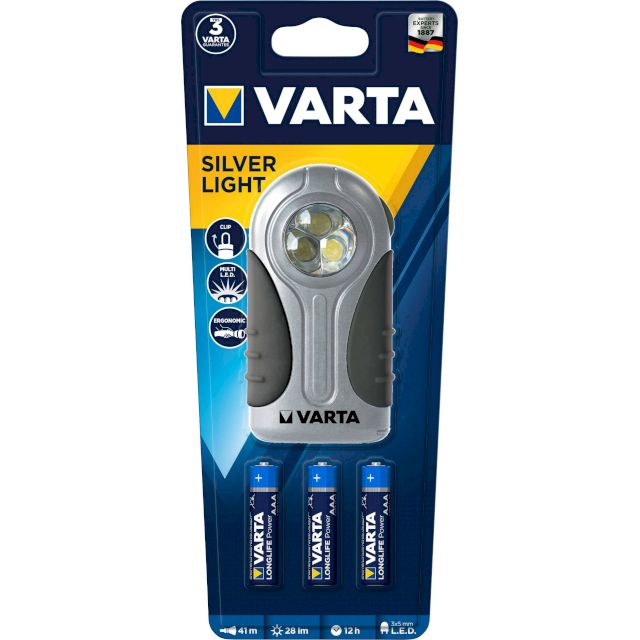 Torche Silver Light LED Avec 3 Piles Longlife Power Varta