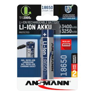 Batterie Li-Ion 18650 3400mAh avec prise Micro-USB ANSMANN