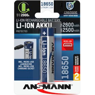 ACCU Li-Ion 18650 RECHARGEABLE 3.6V 2600mAh avec prise micro-USB ANSMANN