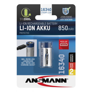 Accu Li-Ion 16340 Rechargeable avec Prise Micro-USB 3.6V 850 mAh ANSMANN