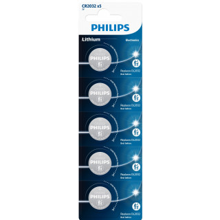 5 Piles Bouton CR2032 Lithium 3V 210mAh Philips