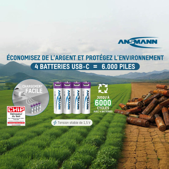 Accu Li-Ion AA rechargeable par cable USB-C 2000 mAh BL4 ANSMANN