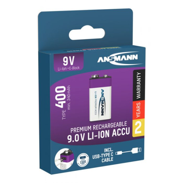 Accu Li-Ion 9V rechargeable par cable USB-C 400 mAh BL1 ANSMANN
