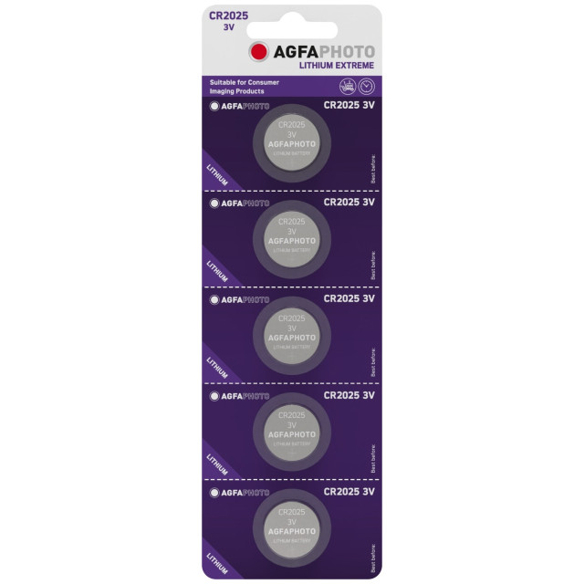 5 Piles Bouton CR2025 Lithium 3V 150mAh Agfa