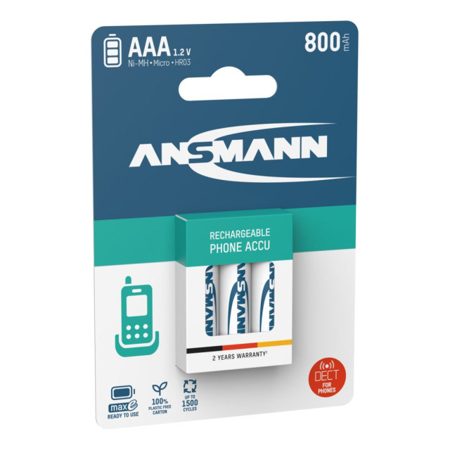 PILES RECHARGEABLES PRECHARGEES DECT NiMH AAA HR03 1.2V 800mAh x3 ANSMANN