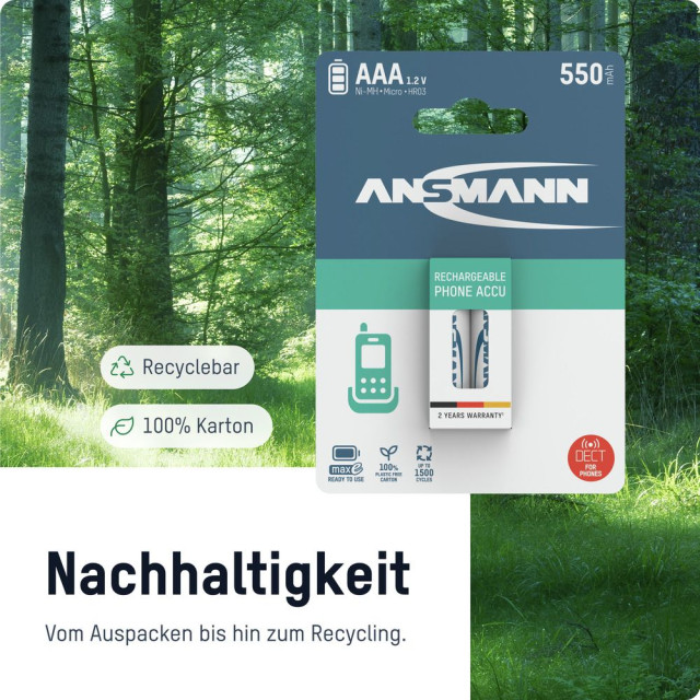 PILES RECHARGEABLES PRECHARGEES DECT NiMH AAA HR03 1.2V 800mAh x3 ANSMANN