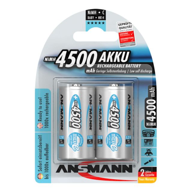 2 Piles Rechargeables HR14 C Préchargée NiMH 1.2V 4500mAh ANSMANN