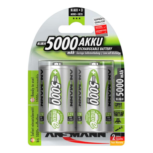 Piles HR20 rechargeables préchargées D NiMH 1.2V 5000mAh BL2 ANSMANN