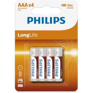 4 Piles AAA R03 Salines Longlife Zinc 1.5V Philips