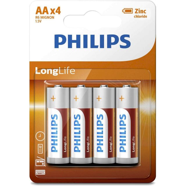 Piles Salines R6 AA Zinc Carbone Longlife 1.5V Philips