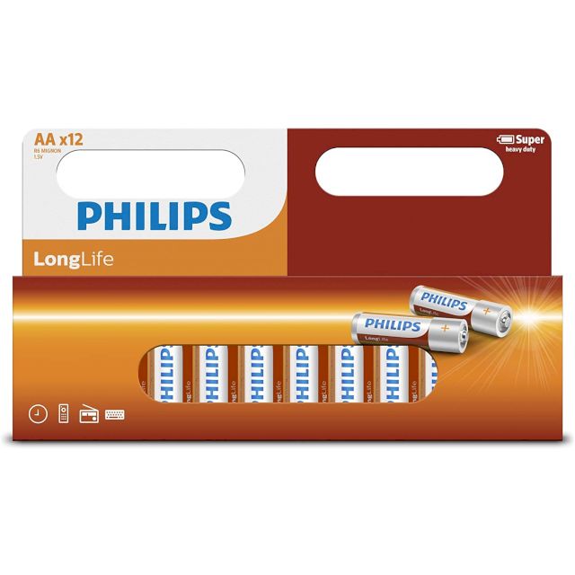 12 Piles Salines R6 AA Zinc Carbone Longlife 1.5V Philips