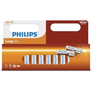 12 Piles Salines R6 AA Zinc Carbone Longlife 1.5V Philips
