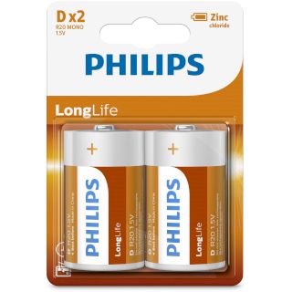 2 Piles D R20 Salines Zinc Carbone Longlife 1.5V Philips